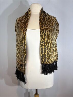 Nick & Nora NYC Leopard Print 100% Silk Fringe Scarf Wrap Shawl